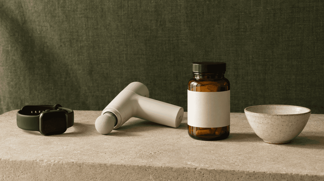 Unbranded wellness objects arranged on a stone surface in natural light